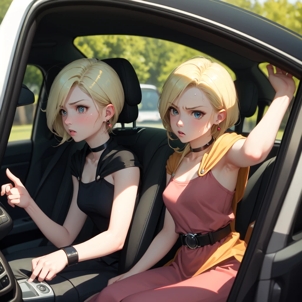 masterpiece, Highest quality, DQ Bianca, 1 person, Single Blade, Earrings, choker, Orange Cape, Green Dress, belt, Small breasts, 1 personで, Driving a car, Upper Body, hot, Sweating a lot, Wipe away sweat, looking at the camera, angry