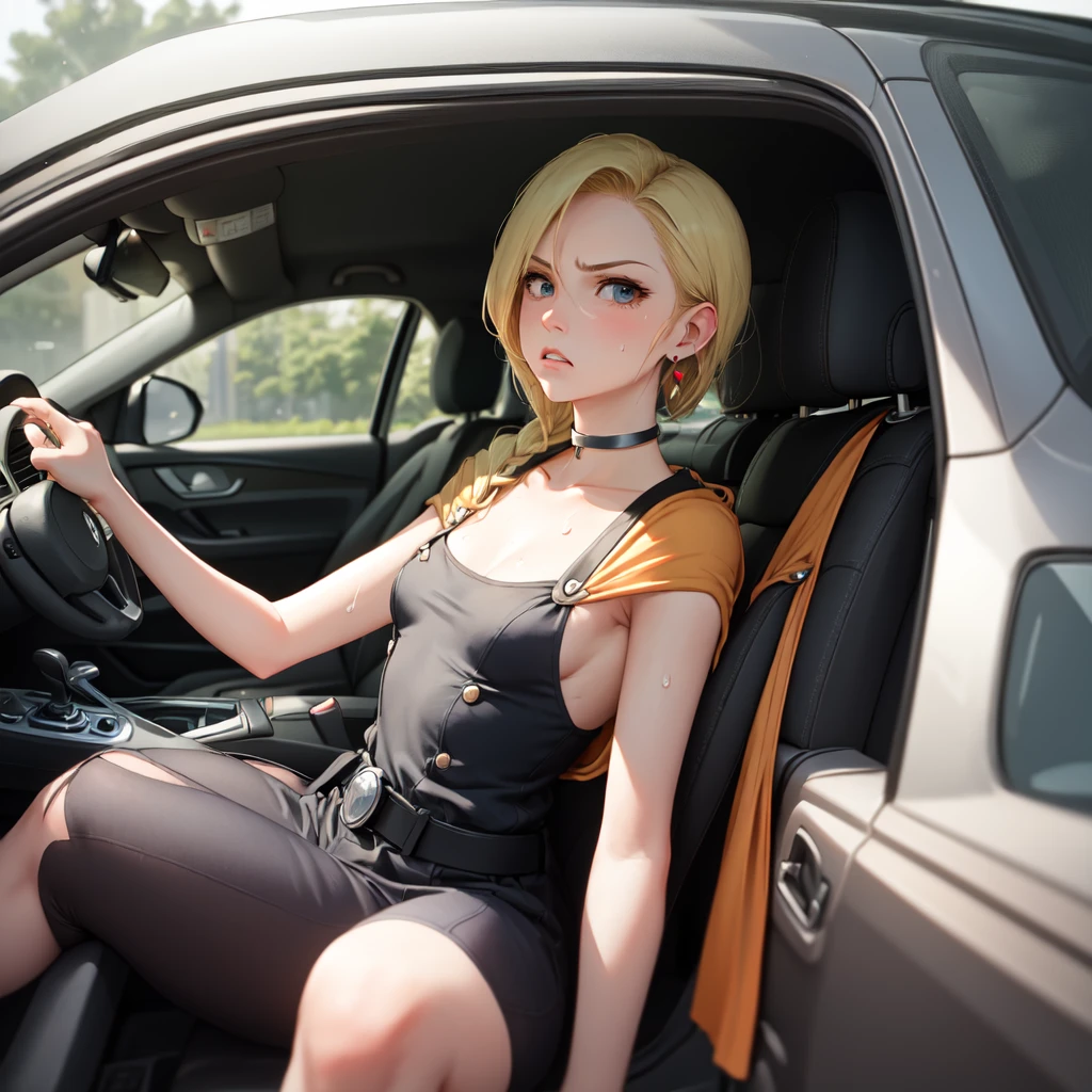 masterpiece, Highest quality, DQ Bianca, 1 person, Single Blade, Earrings, choker, Orange Cape, Green Dress, belt, Small breasts, 1 personで, Driving a car, Upper Body, hot, Sweating a lot, Wipe away sweat, looking at the camera, angry