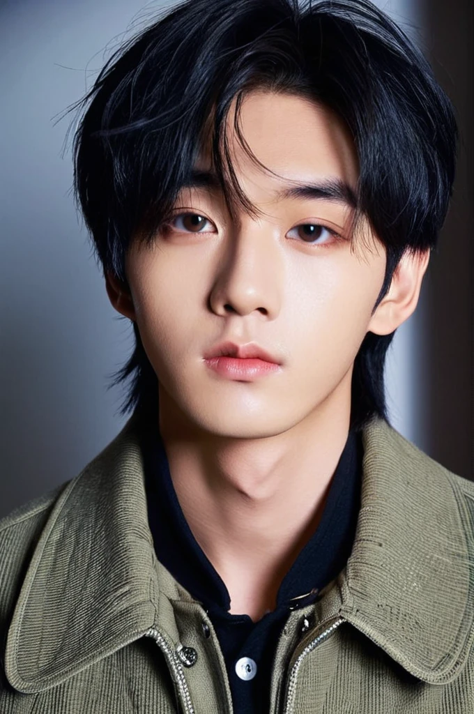 One boy, Young man with black hair ((Mash straight hair)),Male K-POP idol style, Medium size portrait, Oval Face, Vivid,In a dark room自撮り,(In a dark room)
