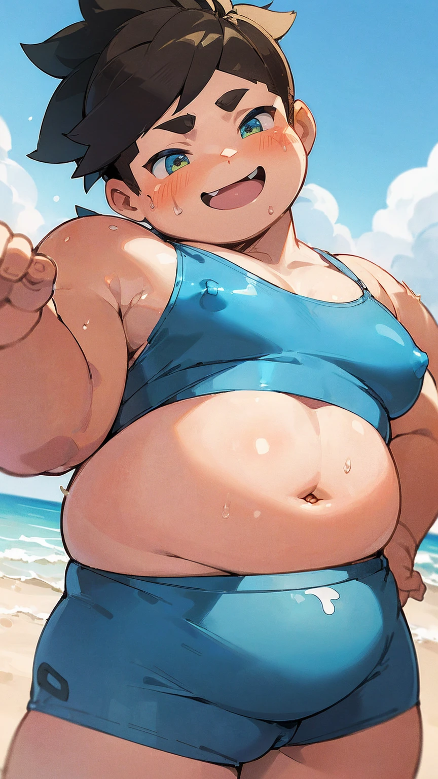 ((androgynos)), beautiful, (pudgy face), nipples, (belly button), ((boyish)), (cute), (chubby), belly, (beefy), ((mischievous)), (handsome), muscular, (naughty smile), (Canines are visible), (swimsuits), (in beach), (He puts his face close to her as if peering into her.), (Open your mouth), 