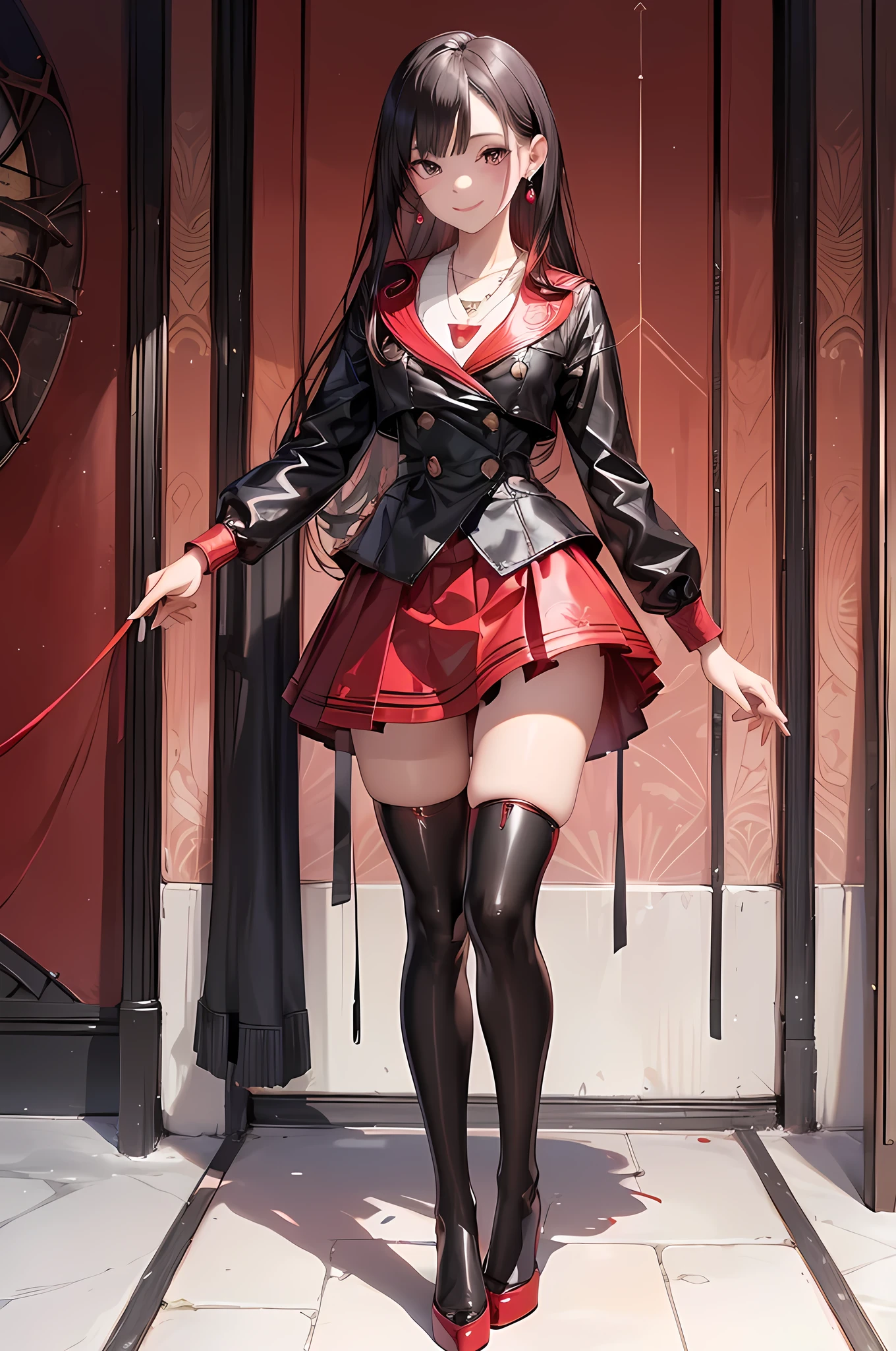 ((Biologically correct limb count)),(( From head to toe,Full-body photo including face)),4K,((Standing position)),masterpiece,((Focus on the face)),((Symmetrical facial features)),Eyes with detailed description,Beautiful woman,Great style,Beautiful arms,Beautiful legs,Beautiful Hands,(Small Ass,Thin thighs),Detailed depiction of the face,Small earrings,necklace,(Red and black latex sailor suit,skirt((High heels,Patterned stockings))),((Waiting for someone to meet up)),Silk gloves,Realistic photo,(Medium cut hair),Stand at an angle,(Eyes warp)、(Grin)