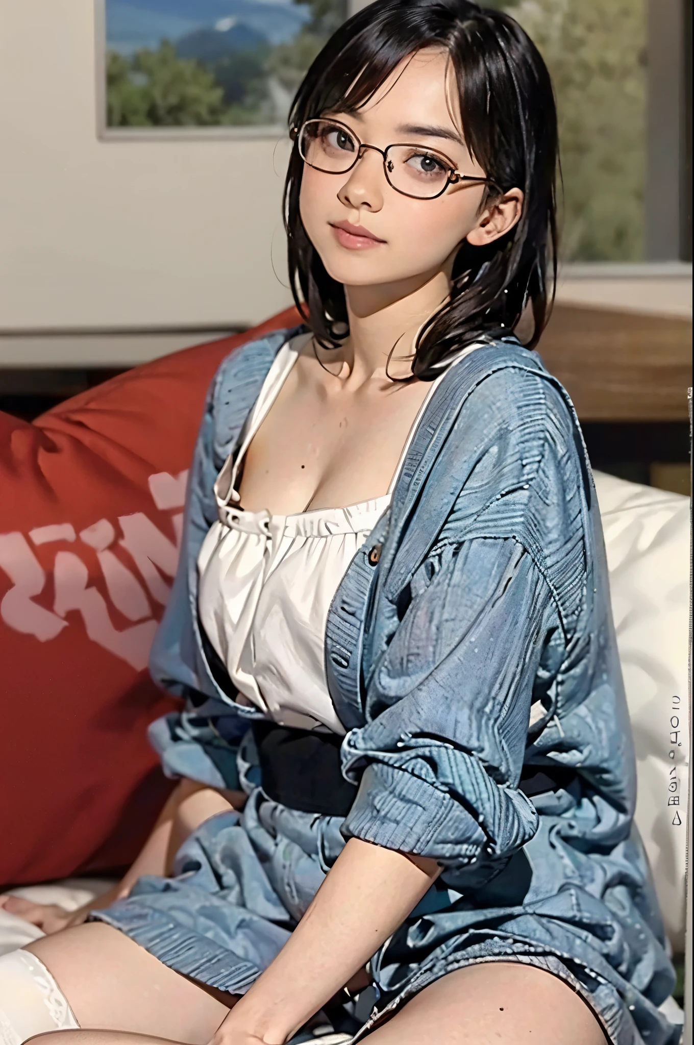 There is a woman sitting on the floor with her legs crossed..., Wearing glasses, Japanese Model, Wearing glasses on, Wearing square glasses, Young Sensual Gravure Idol, Yasumoto Oka, Genuine young gravure idol, Without glasses, Yoshitomo Nara, Aoi Ogata, Wearing glassesいる, Surreal,Provocative,((Beautiful Skin)),((Skin Texture)),((Real Touch)), healthy, unreddish skin, Cute freckles on the cheeks,Mole under left eye,