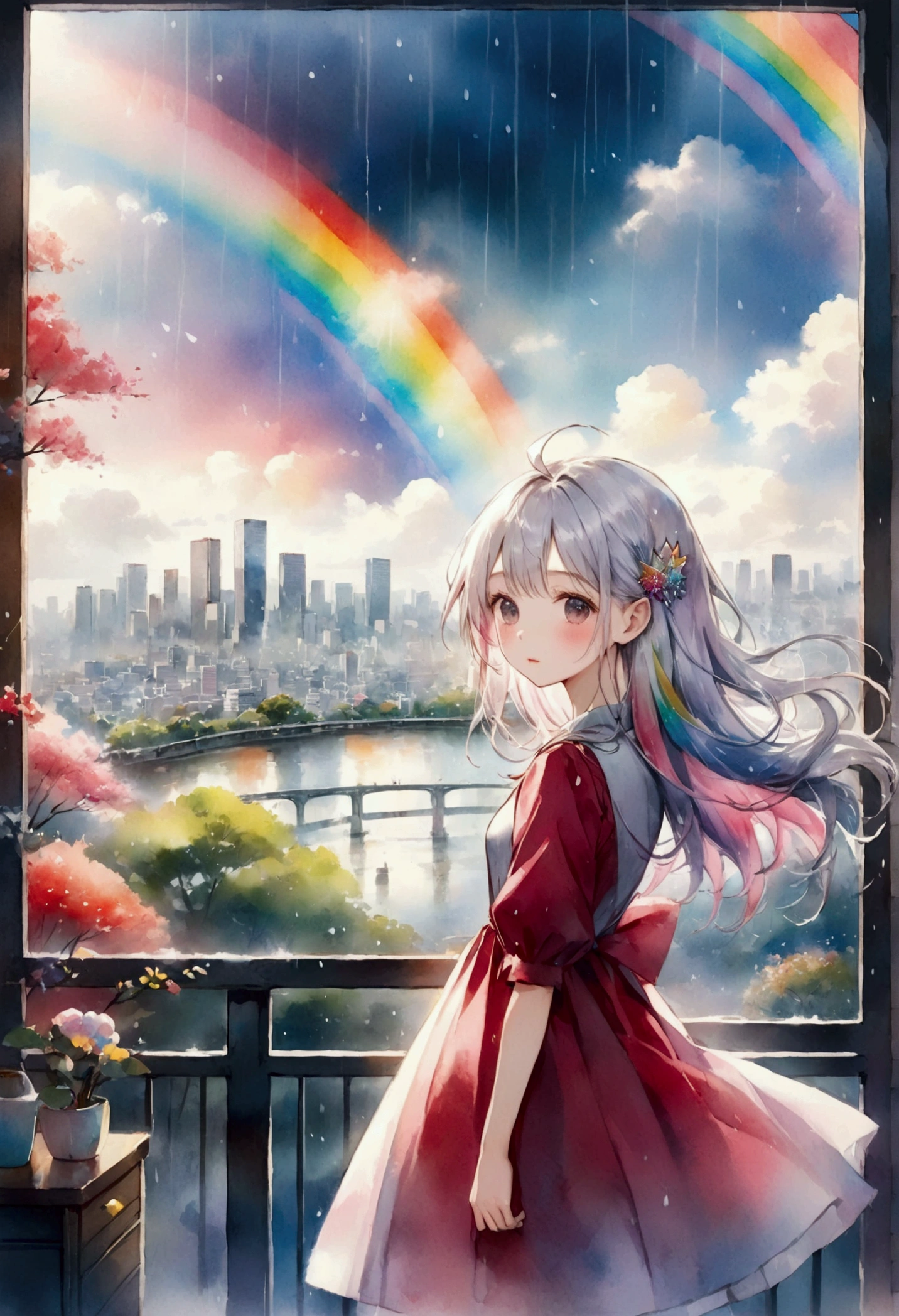 8K resolution, ((top quality)), ((masterpiece)), ((super detailed)), rain, 👸, rainbow, winered dress, silver long hair style, diamond hair ornament, Watercolor style, A pastel-colored view of the world, Tokyo cityscape