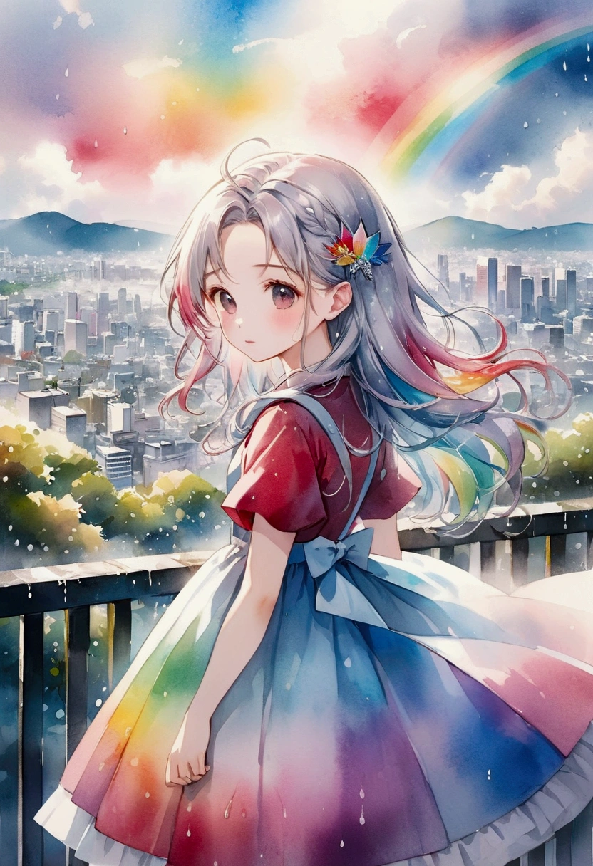 8K resolution, ((top quality)), ((masterpiece)), ((super detailed)), rain, 👸, rainbow, winered dress, silver long hair style, diamond hair ornament, Watercolor style, A pastel-colored view of the world, Tokyo cityscape