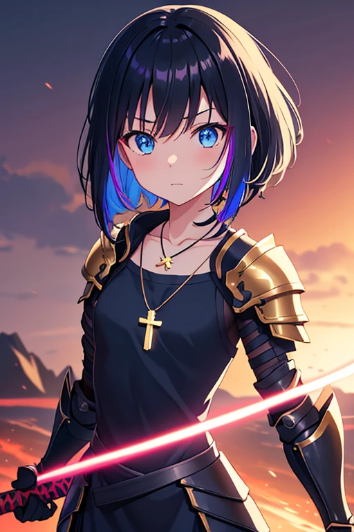 background shadow covered girl, covered in shadows, lack shadows in background Anime girls, carrying katana, anime, short black hair with neon blue highlights, hair is above shoulder height, smooth beautiful, 4k, anime art, pendant on hair, cross t necklace, vivid black dress, battle armor golden armor, little clothing
