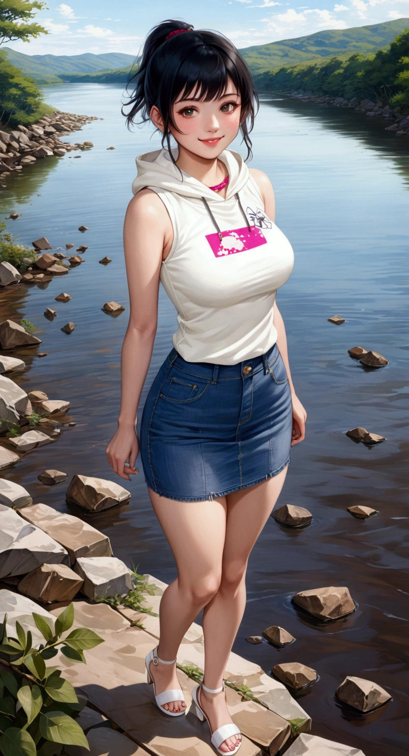 realistic anime illustration of pretty young woman standing near river, (she has ponytail hair with full bangs, she wearing white sleeveless hood, olive-green denim pencil mini skirt and white heel sandals), (1girl, solo, full body), (masterpiece, best quality, Japanese anime style)