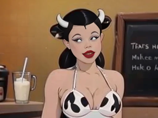 COW bikini, horns ,milk 1.2, naked curvy barista coffee shop, cosplay