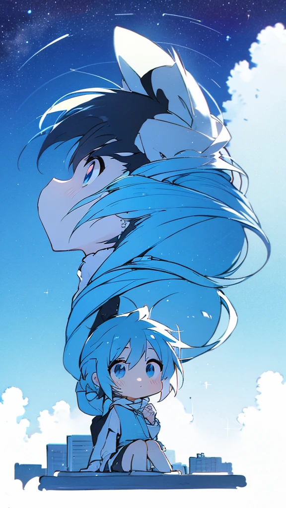 Seven-doppelganger shot,Anime style 4K,High quality anime art style,Standing painting,Splash ink background,Blue Themes、Pure white background,Buildings,Face close-up,Buildings,Moon and sun、Shining Star々,milky way,Bright Sky,Looking at me,Facing forward,Clear eyes and nose,cute,beautiful,Thin legs,sitting by the water, black hair, Blue eyes, girl, bob, front, cute,Blue Background,Long Hair,Whale flying in the blue sky,Buildings