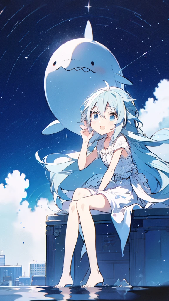 Seven-doppelganger shot,Anime style 4K,High quality anime art style,Standing painting,Splash ink background,Blue Themes、Pure white background,Buildings,Face close-up,Buildings,Moon and sun、Shining Star々,milky way,Bright Sky,Looking at me,Facing forward,Clear eyes and nose,cute,beautiful,Thin legs,sitting by the water, black hair, Blue eyes, girl, bob, front, cute,Blue Background,Long Hair,Whale flying in the blue sky,Buildings