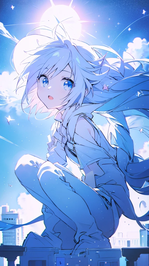 Seven-doppelganger shot，Anime style 4K,High quality anime art style，Standing painting，Splash ink background，Blue Themes、Pure white background,Buildings,Face close-up,Buildings,Moon and sun、Shining Star々,milky way,Bright Sky,Looking at me,Facing forward,Clear eyes and nose,cute,beautiful,Thin legs,sitting by the water, black hair, Blue eyes, girl, bob, front, cute,Blue Background,Long Hair,Whale flying in the blue sky,Buildings