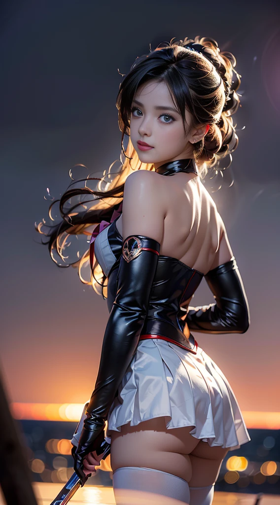 (Extreme detail CG Unity 8K wallpaper, masterpiece, highest quality), (exquisite lighting and shadow, highly dramatic picture, cinematic lens effect), (Sailor Moon: 1.1), charming smile, double tail, blue eyes, black hair, tight top, RED gloves, mini skirt, dynamic pose), the background is the universe (excellent detail, excellent lighting, wide angle), (excellent rendering, enough to stand out in its class),all,whole body,whole