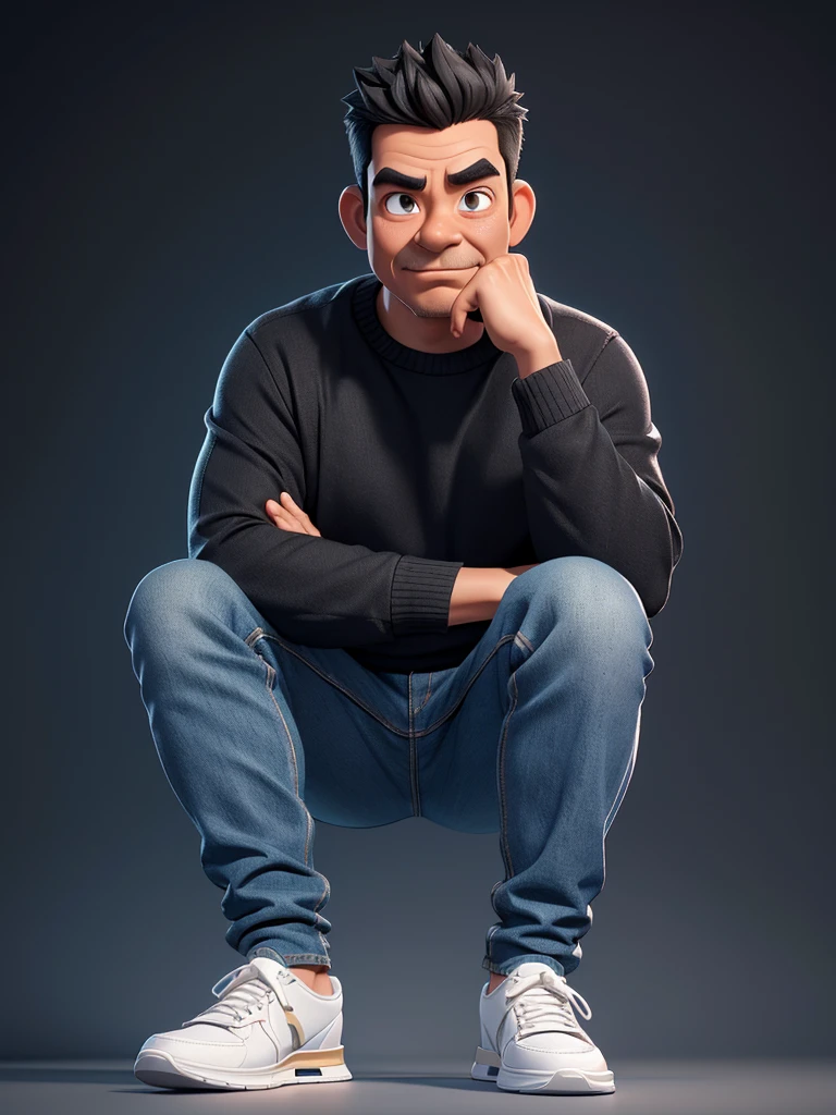 Realistic 4D caricature with a big head of an Indonesian man aged 40yo,thin body, wearing a sweater, jeans, sneakers, sitting with his hand on his chin, black and silver gradient background,Pixar style,3D rendering