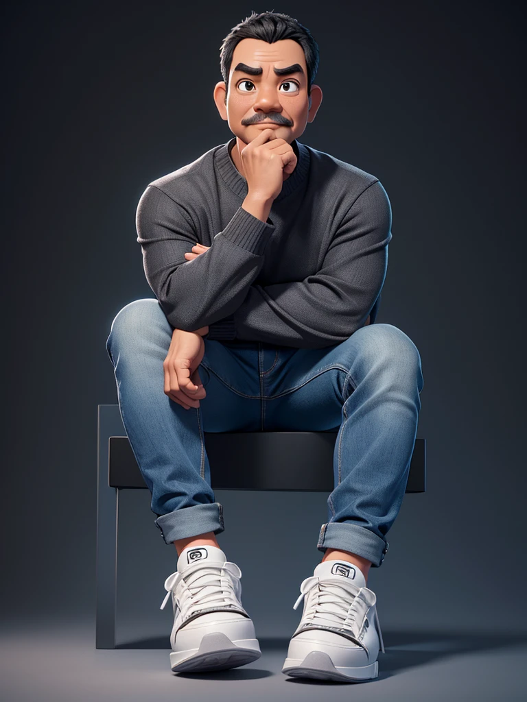 Realistic 4D caricature with a big head of an Indonesian man aged 40yo,thin body, wearing a sweater, jeans, sneakers, sitting with his hand on his chin, black and silver gradient background,Pixar style,3D rendering