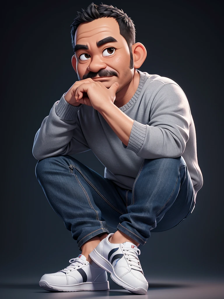 Realistic 4D caricature with a big head of an Indonesian man aged 40yo,thin body, wearing a sweater, jeans, sneakers, sitting with his hand on his chin, black and silver gradient background,Pixar style,3D rendering