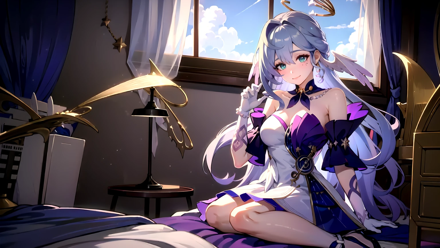 1girl, robin, halo, head wings, white gloves, pearl bracelet, high heels, white scarf, sailor collar, sitting on bed, indoor, window, blue sky, smile, closed mouth, upper body,