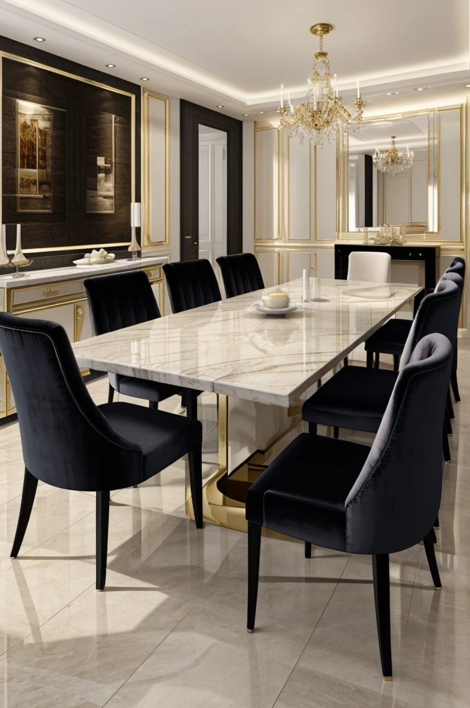 Professional 3d architecture rendering design of modern and French design for black slab stone dining table and eight velvet chairs with light cream color and modern accessories and elegant and chic 