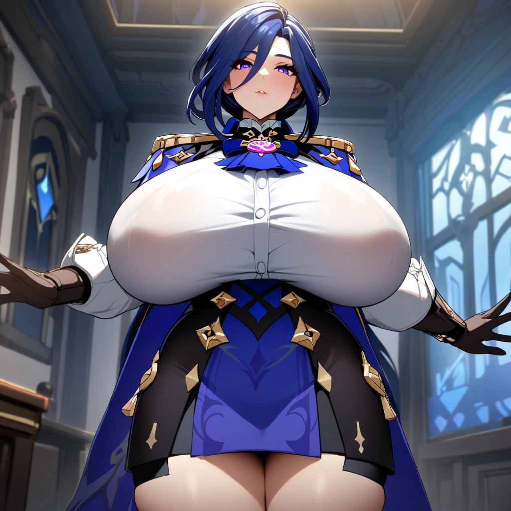 Clorinde(genshin impact),1girl,solo,super huge breasts,looking at viewer,near,standing up,in room