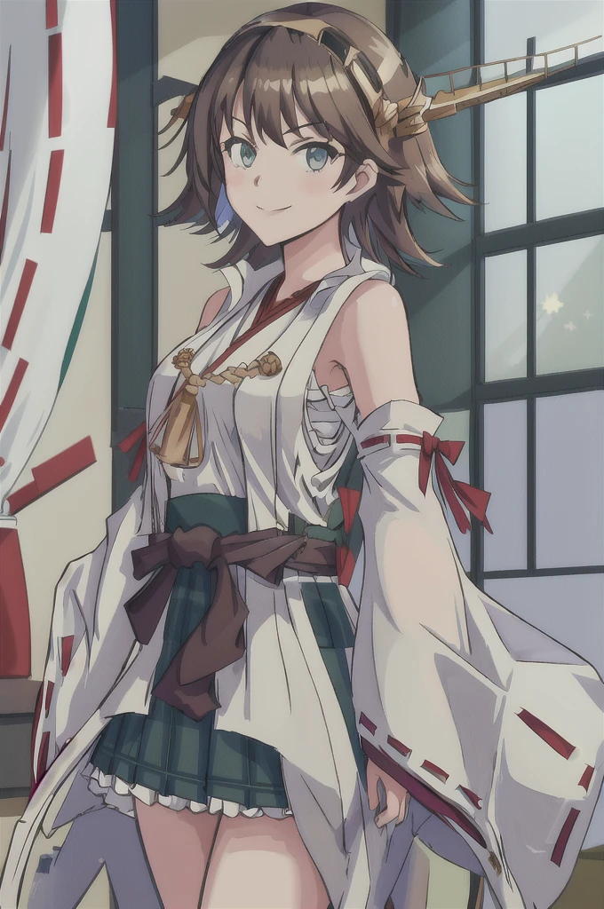 Highest quality, masterpiece, High resolution, alone, (Hiei Kai-2_Fleet Collection:1.15), オレンジ色hair, hairband, headgear, Non-traditional_Shrine maiden, smile, green_eye, Inverted up_hair, smile, One Girl, dependent_sleeve, green_skirt, Plaid, Plaid_skirt, ribbon-trimmed_sleeve, ribbon_trim, skirt, (indoor, office, living room),