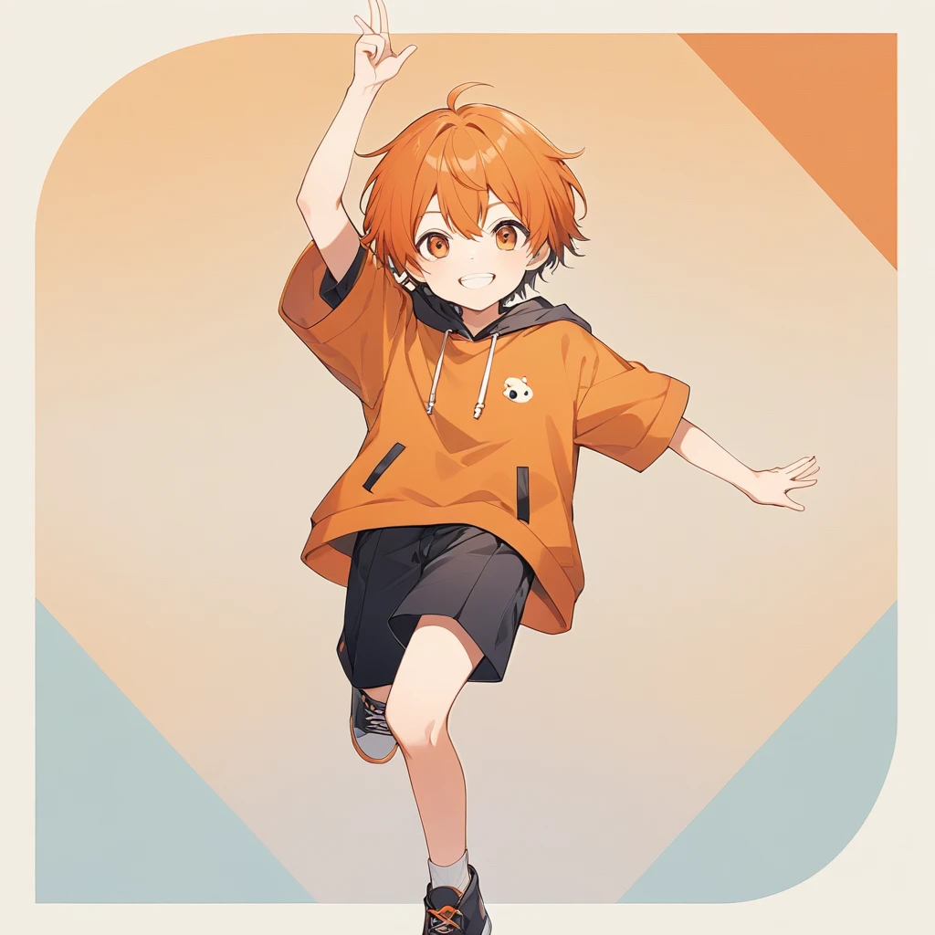 Orange Hair, Orange eyes,short hair,smile, a bit,maleの子一人,a bitキャラ,anime,whole body,mini,male,小さいmaleの子,hoodie,,piece,One arm is raised upwards