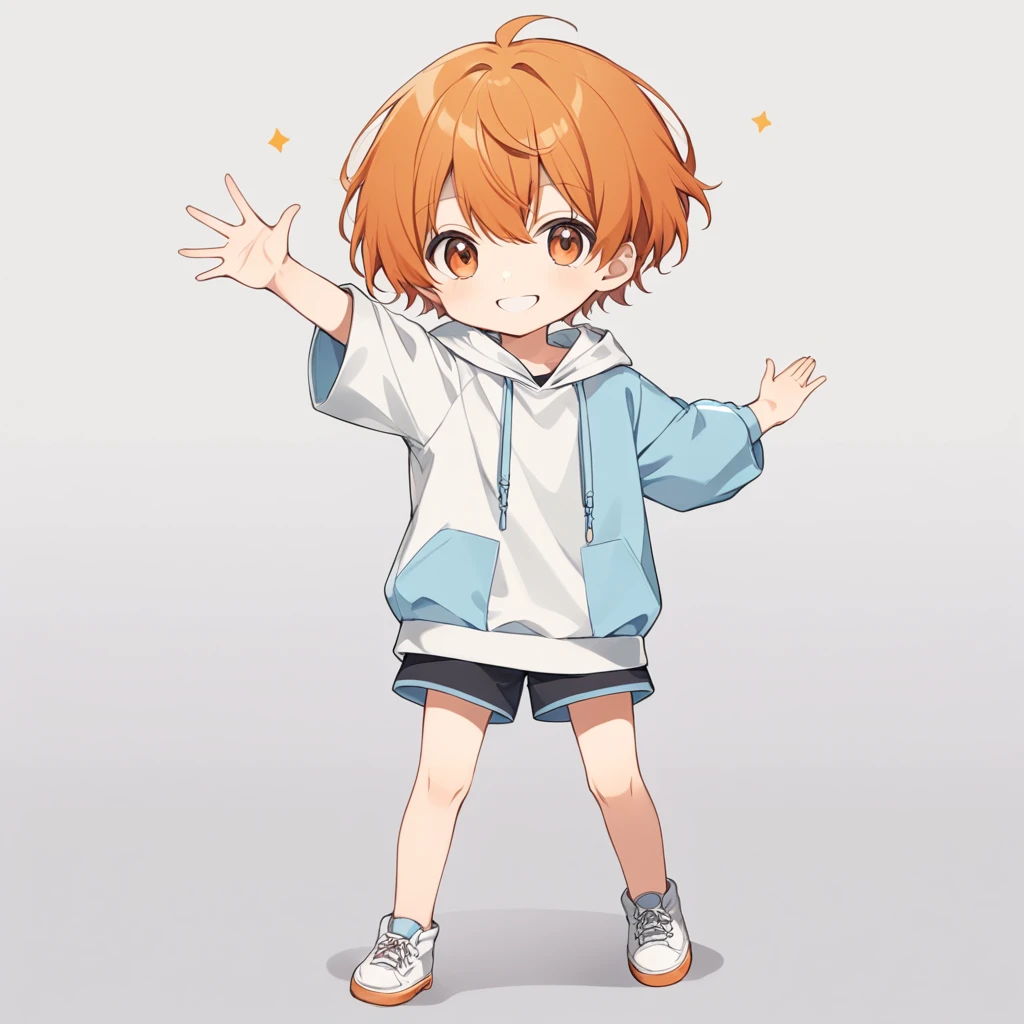 Orange Hair, Orange eyes,short hair,smile, a bit,maleの子一人,a bitキャラ,anime,whole body,mini,male,小さいmaleの子,hoodie,,piece,One arm is raised upwards