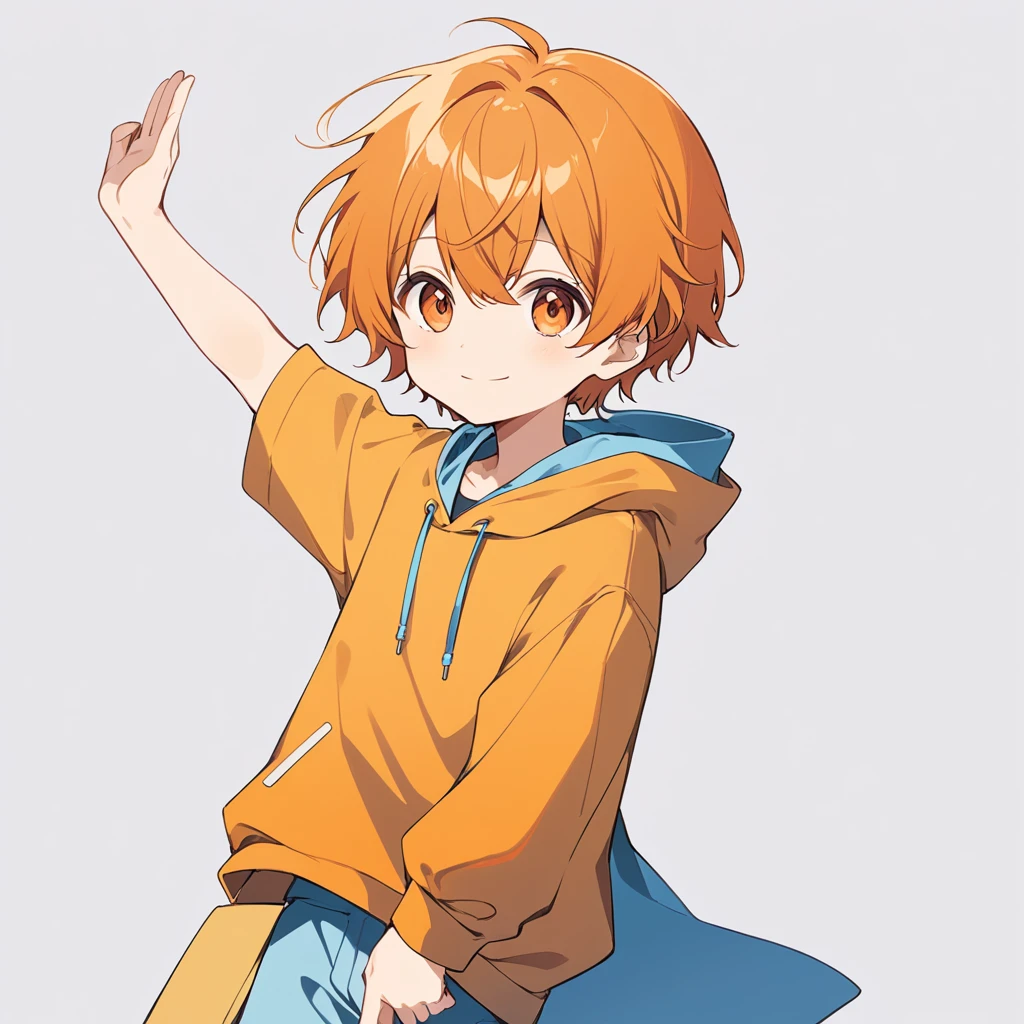Orange Hair, Orange eyes,short hair,smile, a bit,maleの子一人,a bitキャラ,anime,whole body,mini,male,小さいmaleの子,hoodie,,piece,One arm is raised upwards