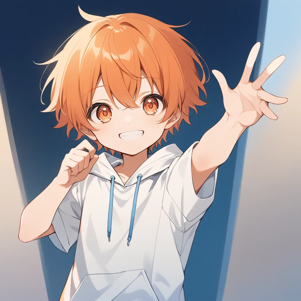 Orange Hair, Orange eyes,short hair,smile, a bit,maleの子一人,a bitキャラ,anime,whole body,mini,male,小さいmaleの子,hoodie,,piece,One arm is raised upwards