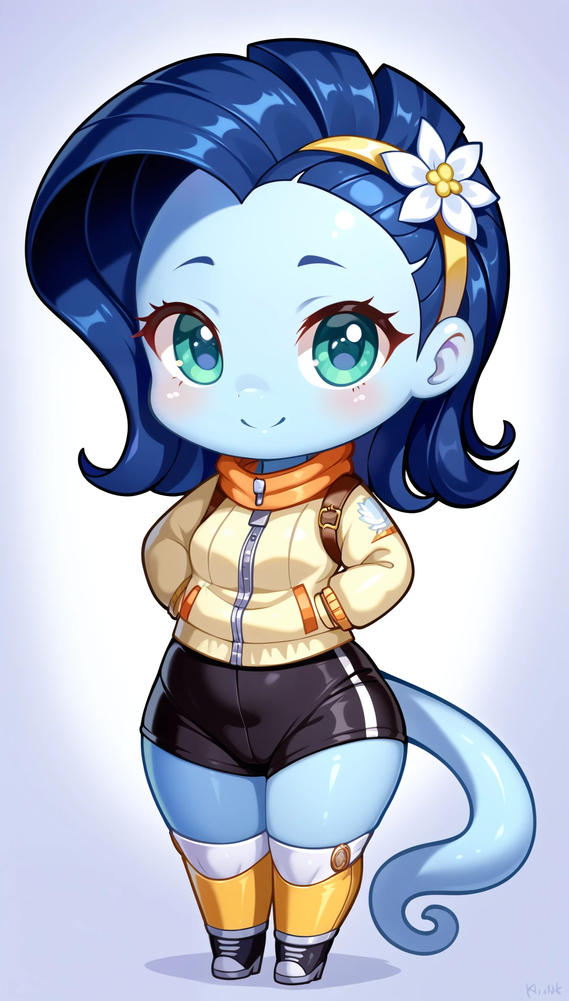 (Alien woman doing a space walk),(Blue Skin),(Dreadlocks),(Cute tail),White space tech suit,Milky Way,beautiful milky way,(Cute Smile),(chibi)