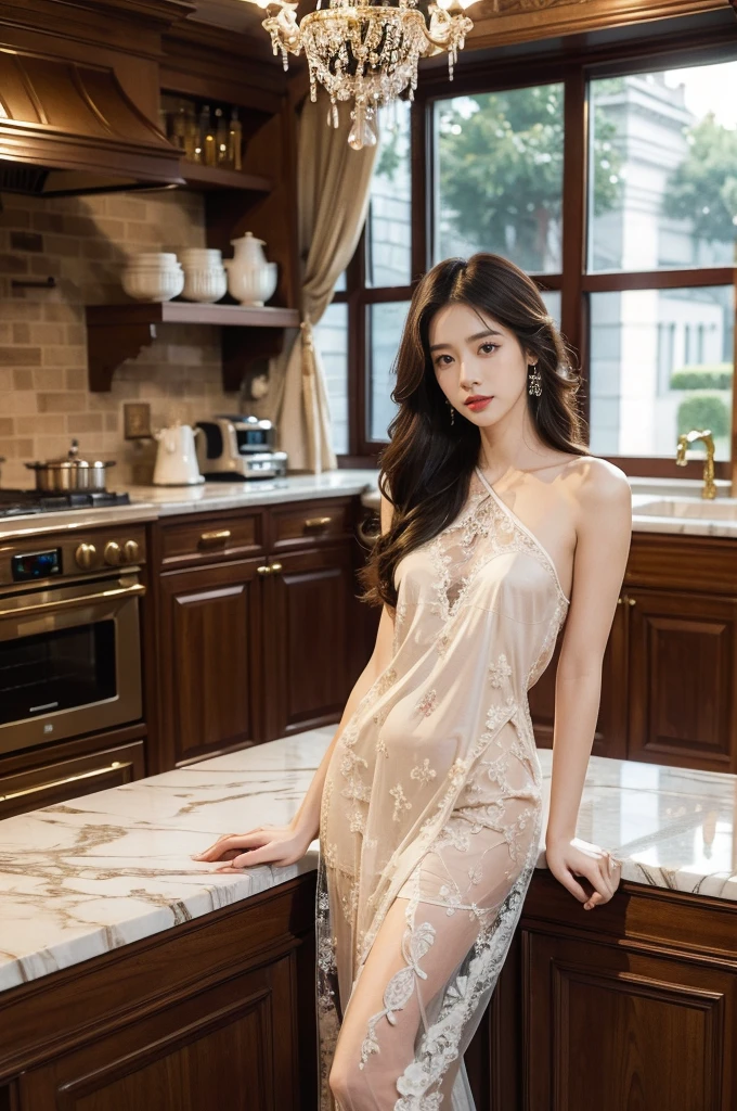 (((best quality))),(((ultra detailed))),(((masterpiece))),illustration,((1 beautiful girl,solo)),(shoulder length straight hair:1.2),((slim,thin)),((small breasts,flat chest)),(luxurious lace nightgown:1.3),(slender legs:1.2),(standing:1.3),(arms behind back:1.3),(sumptuous kitchen:1.3),window,bustling,metropolis,striking,delicate emerald eyes,mystery,allure,red lips,fair,complexion,sophistication,attire,exquisite,frame,plunging,intricate pattern,romance,elegance,walls,expensive,tiles,countertops,gleaming,marble,culinary,gadgets,organized,counter,aromatic,steam,simmering,stove,ambiance,(night scene:1.3),skyline,skyscrapers,distance,aglow,vibrant colors,contrast,serene,atmosphere,opulence,sophistication,light,shadow,vivid,interplay,experience,captivating,ambiance,((from front,full body))