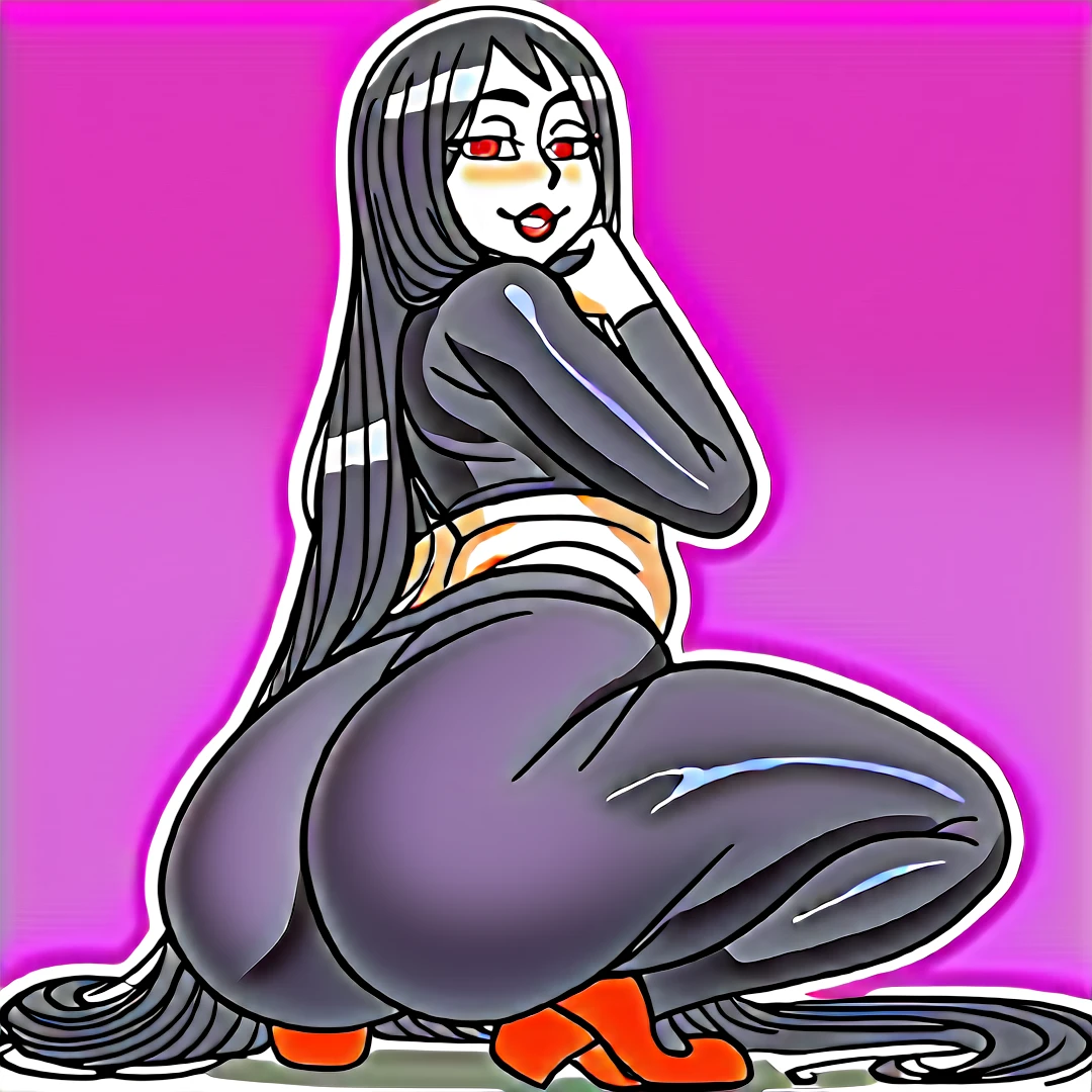 Elaborate CG artwork, (best qualtiy, exquisite detailing, absolute masterpiece), (((Very sexy pose))),(Plus Size Model)),, (((One femboy))) dark red shoes), (((black long hair))), Detailed beautiful mature face, very detailed beautiful face and eyes, (detailed seductive and sharp eyes), (plump shiny pink lips)), (black Eye Shadow), blush, (sadistic seductive smile), (glittery skin), (wet oily skin), goth femboy, ass shot, front shot, tight clothing, black hoodie, bubble butt, round ass, black tight leggings, (((crimson eyes))),