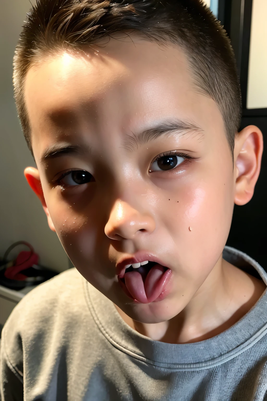 boy、Shaved Head、Sticking out tongue, Drooling,