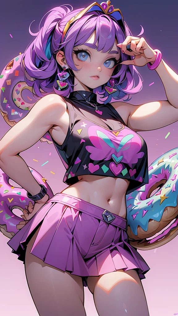 (La Best Quality,A high resolution,Ultra - detailed,actual), Himiko Toga in a purple skirt and a pink top in an alley , Violet Myers, Alex Yanes and Lisa Frank, Lisa Frank Style, sweet girl, purple outfit, beautiful dolphin, Lisa - Frank, promotion still, hot teen girl, Leslie David y Lisa Frank, In the style of Lisa Frank, In a Lisa Frank art style, posing in leotard and tiara, More detailed 8K.unreal engine:1.4,UHD,La Best Quality:1.4, photorealistic:1.4, skin texture:1.4, masterpiece:1.8,first work, Best Quality,object object], (detailed face features:1.3),(The correct proportions),(Beautiful blue eyes),  (cowboy pose), (fingers detailed :1.4), (giant donuts background, giant sweets :1.4) 