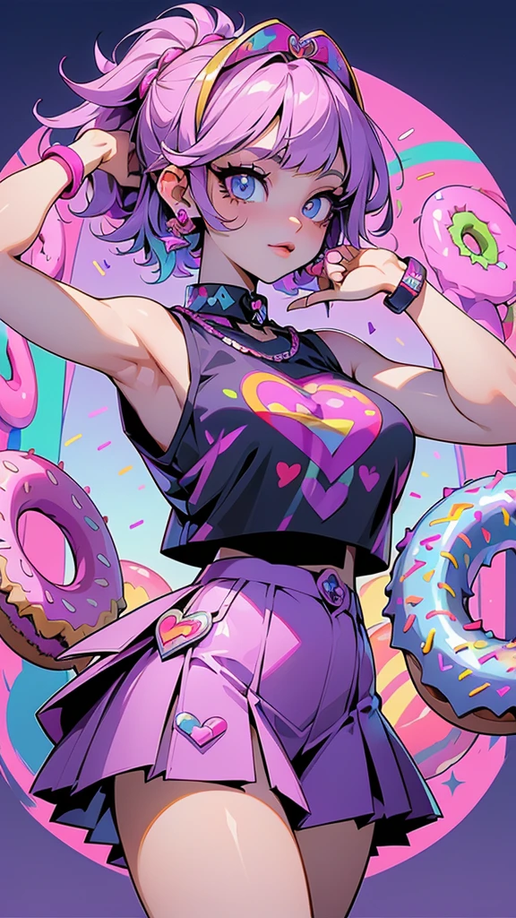 (La Best Quality,A high resolution,Ultra - detailed,actual), Himiko Toga in a purple skirt and a pink top in an alley , Violet Myers, Alex Yanes and Lisa Frank, Lisa Frank Style, sweet girl, purple outfit, beautiful dolphin, Lisa - Frank, promotion still, hot teen girl, Leslie David y Lisa Frank, In the style of Lisa Frank, In a Lisa Frank art style, posing in leotard and tiara, More detailed 8K.unreal engine:1.4,UHD,La Best Quality:1.4, photorealistic:1.4, skin texture:1.4, masterpiece:1.8,first work, Best Quality,object object], (detailed face features:1.3),(The correct proportions),(Beautiful blue eyes),  (cowboy pose), (fingers detailed :1.4), (giant donuts background, giant sweets :1.4) 