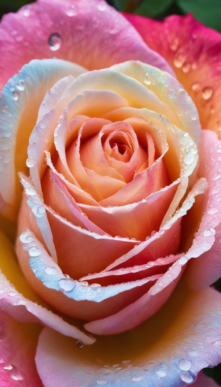 The appearance of colorful and colorful rose. The background shows rainbow-colored powder spreading like an explosion. Water droplets moistening the rose flower. It is so ridiculous that it is hard to distinguish the front, close-up photography, Ultra-detailed, ultra-realistic, full body shot,