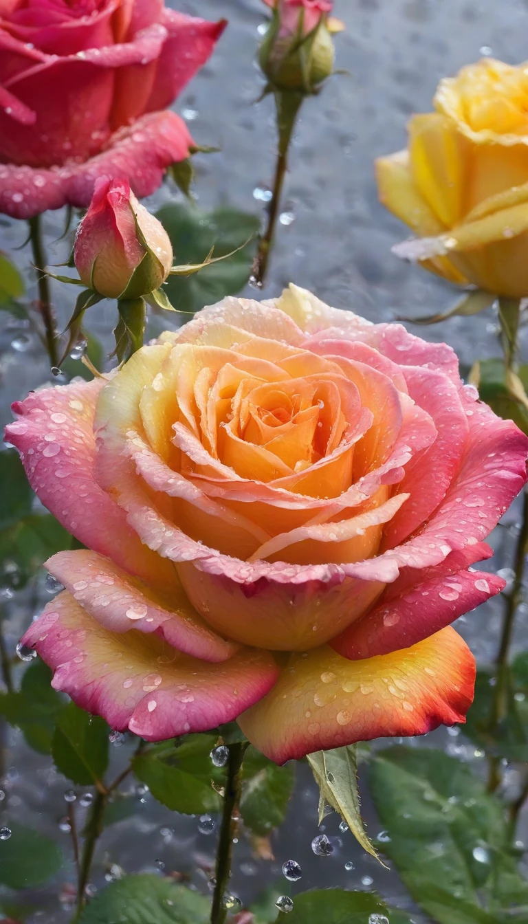 The appearance of colorful and colorful rose. The background shows rainbow-colored powder spreading like an explosion. Water droplets moistening the rose flower. It is so ridiculous that it is hard to distinguish the front, close-up photography, Ultra-detailed, ultra-realistic, full body shot,