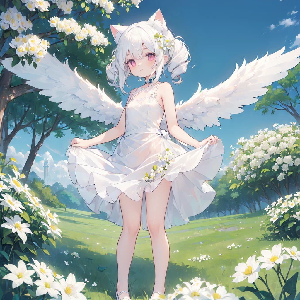 ((One girl)), (Standing diagonally facing forward:1.2), (Slightly bulging chest), (Slightly healthy tanned skin on face), magenta eyes, (mouth open with joy:1.2)
BREAK
(White cat ears:1.2), Inside the cat ears is paw-colored,
BREAK
(Pure white hair:1.6), (Softly curled pure white hair:1.6), (The hair under the cat ears behind the side hair flows forward and curls strongly on the collarbone:1.6), (Other hair is drill-hair divided into several strands:1.5), (Hair is down:1.3), (Hair is on shoulders and weighing down:1.5),
BREAK
(Pure white wings on upper body:1.2), (straight wings:1.3), (small wings:1.8),
BREAK
(simple dress made entirely of white:1.5), (dress with slightly exposed shoulders:1.1), (waist tied with string:1.3), (plenty of gathers below the waist:1.4), (dress reaches the knees:1.6), dress has no decoration, petticoat is white or absent,
BREAK
(wide green grassland:1.6), (lots of white flowers:1.6), (wide clear blue sky:1.4)