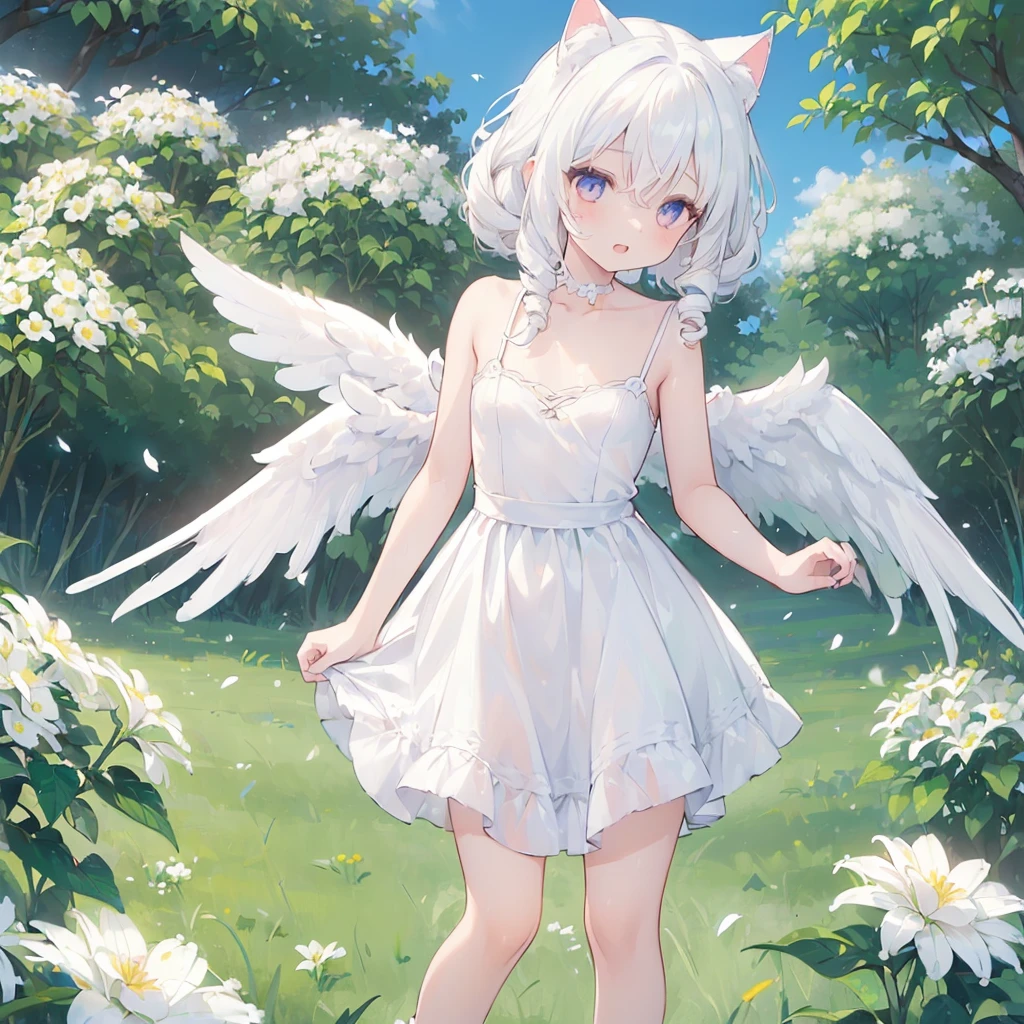 ((One girl)), (Standing diagonally facing forward:1.2), (Slightly bulging chest), (Slightly healthy tanned skin on face), magenta eyes, (mouth open with joy:1.2)
BREAK
(White cat ears:1.2), Inside the cat ears is paw-colored,
BREAK
(Pure white hair:1.6), (Softly curled pure white hair:1.6), (The hair under the cat ears behind the side hair flows forward and curls strongly on the collarbone:1.6), (Other hair is drill-hair divided into several strands:1.5), (Hair is down:1.3), (Hair is on shoulders and weighing down:1.5),
BREAK
(Pure white wings on upper body:1.2), (straight wings:1.3), (small wings:1.8),
BREAK
(simple dress made entirely of white:1.5), (dress with slightly exposed shoulders:1.1), (waist tied with string:1.3), (plenty of gathers below the waist:1.4), (dress reaches the knees:1.6), dress has no decoration, petticoat is white or absent,
BREAK
(wide green grassland:1.6), (lots of white flowers:1.6), (wide clear blue sky:1.4)