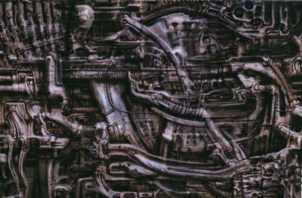 xgiger, The image is a detailed view of H.R. Giger's biomechanical tableau \" LANDSCAPE No 312 \" plate, featuring
a complex, intricate, and detailed design of endless Machine in the transit space over the cascade of fallen water, that appears to be a fusion of organic and mechanical elements, with a focus on the interplay between the two.The piece is a tableau, most likely created with a India ink pen or pencil on paper, determined by the thin lines, shading techniques, and the texture of the paper, which is visible around the edges.
Used is pen, given the shading and variations in line weight visible in the image. Artist have used a variety of stylus with different degrees of hardness to achieve the shading effects.
 The use of undersaturated green-grays dark contrasts creates a stark and graphic look. Is used a variety of linework techniques to create different textures. Fine, parallel lines create a smooth, metallic texture,while thicker, more cursive lines suggest cables or wires.
Light source from the top highlights skeletals, pper part of foreground, lower part of image is in shadowupper part of foreground, lower part of image is in shadow.
The art performance showcases the artist’s skills in observation and rendering. The level of detail in the piece suggests a close study of real bone specimens and mechanics. The artist has skillfully used shading techniques to create a convincing illusion of three-dimensionality on a flat surface. The wrinkles and cracks in the surface, and the cast shadows with accuracy, used shading techniques to create a realistic depiction of light and shadow on the objects. This creates a sense of depth and dimension in the image. The artist has used careful linework to depict the contours and textures in the piece
Sharp focus on foreground elements illustration. Deep and delicate DOF. Big painting. Stored in Louvre masterpiece, ooze soaked pajama top
