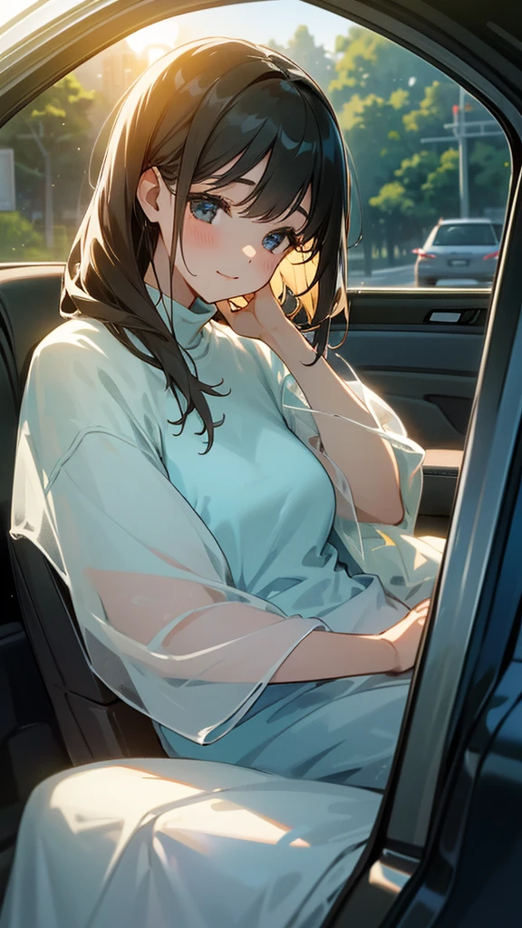 Woman listening to music in the car、Enjoying a pleasant drive。The soft sunset shining through the window、It gently illuminates her face。She is alone and quiet、Listen to the flowing melody、She has a relaxed expression on her face。Music from your favorite playlist、The interior of the car is enveloped in a peaceful atmosphere.。