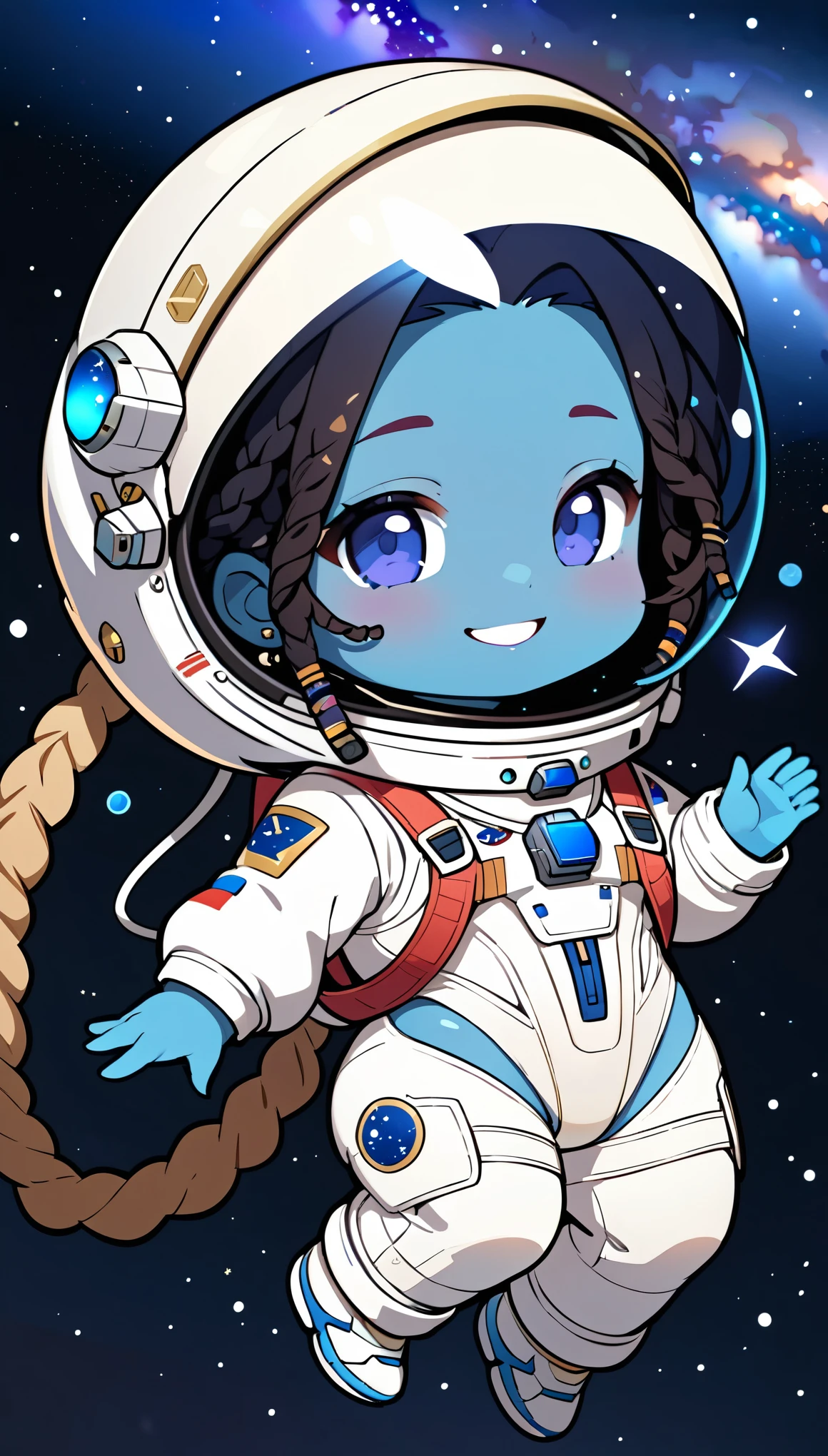 (Alien woman doing a space walk),(Blue Skin),(Dreadlocks),White space suit,beautiful milky way,(Cute Smile),(sexy),(((hand,detailed,perfection,perfectionion,hand))),(chibi)
