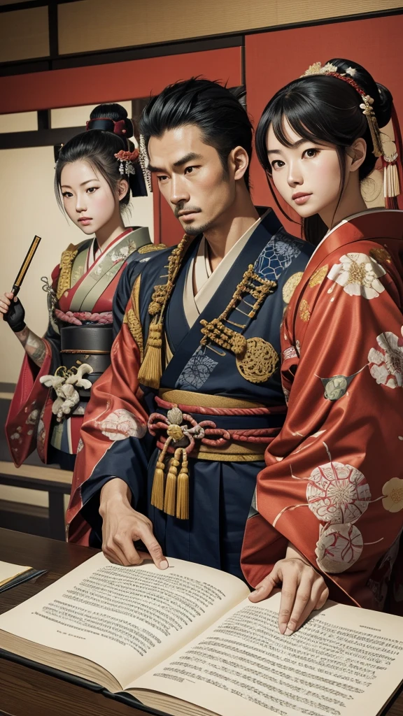 Legal Documents from the Warring States Period in Japan、Daimyo wearing kimono、Samurai explaining the law、Documents with historical background、A scene about a daimyo's marriage。