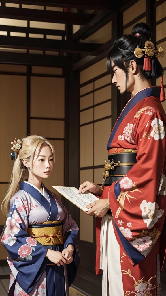 Legal Documents from the Warring States Period in Japan、Daimyo wearing kimono、Samurai explaining the law、Documents with historical background、A scene about a daimyo's marriage。