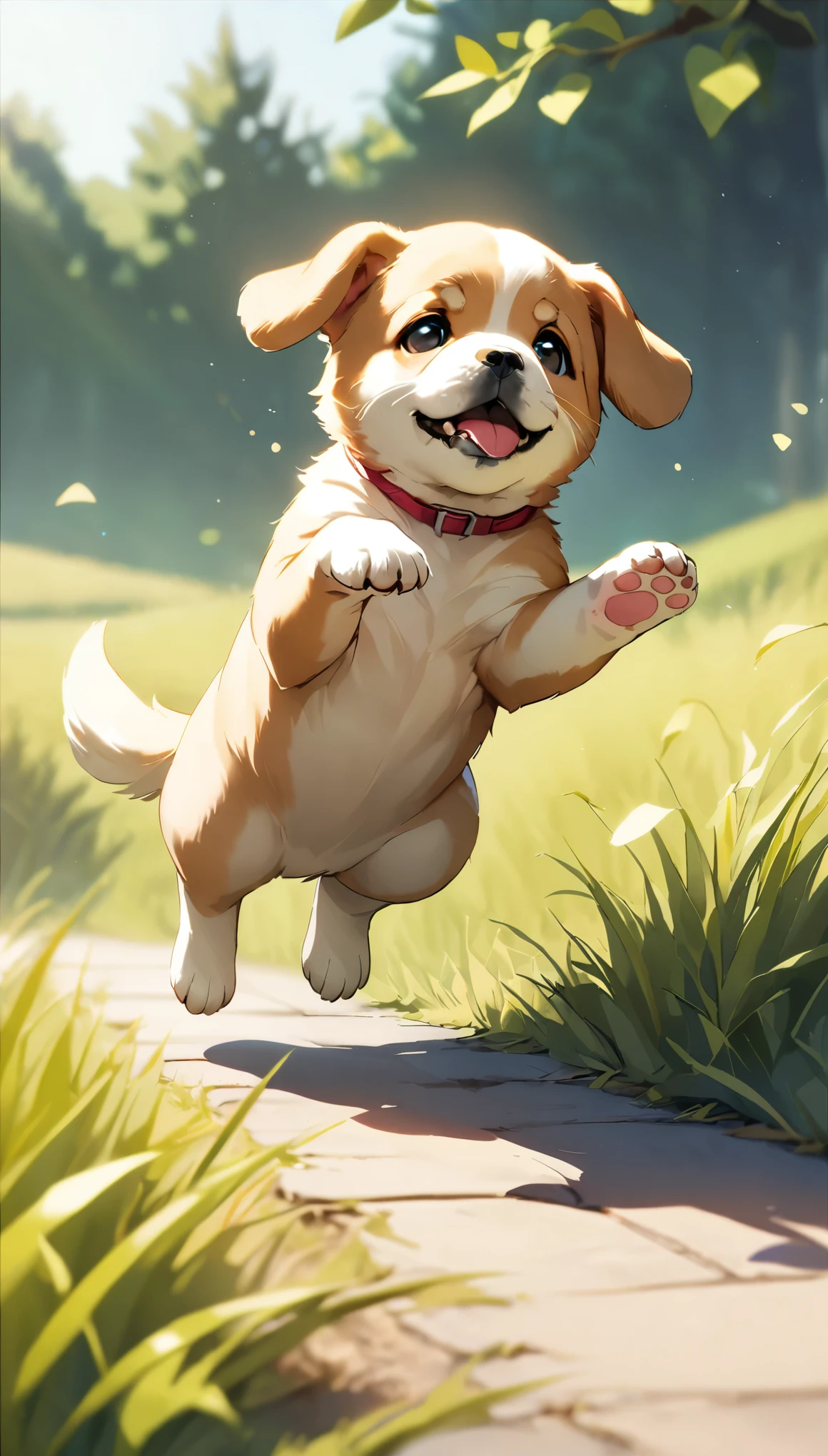 1 puppy, Cute Puppy, ((Jumping puppies:1.1, An out-of-reach jump, Jump action)), try as hard as one can, Detailed puppy details, grassland, Background tree々, A comfortable space, Gentle light, Light and shadow with attention to detail, Background Blur, (Highest quality:1.2, 4K, 8k, Very detailed, Attention to detail, masterpiece:1.2, Best aesthetics),