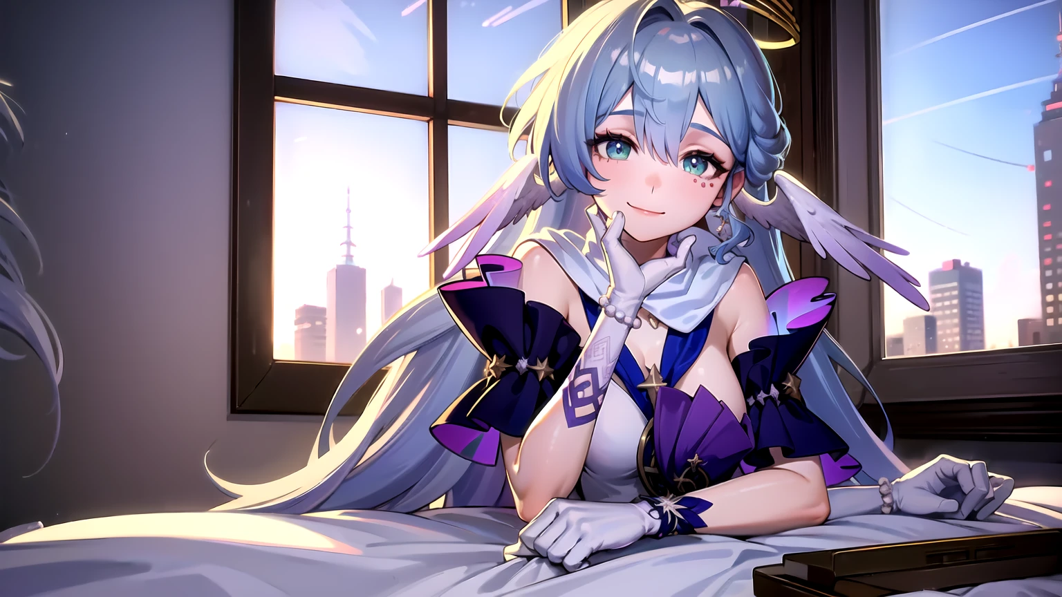 1girl, robin, halo, head wings, white gloves, pearl bracelet, white scarf, sailor collar, sitting on bed, indoor, window, blue sky, smile, closed mouth, upper body,