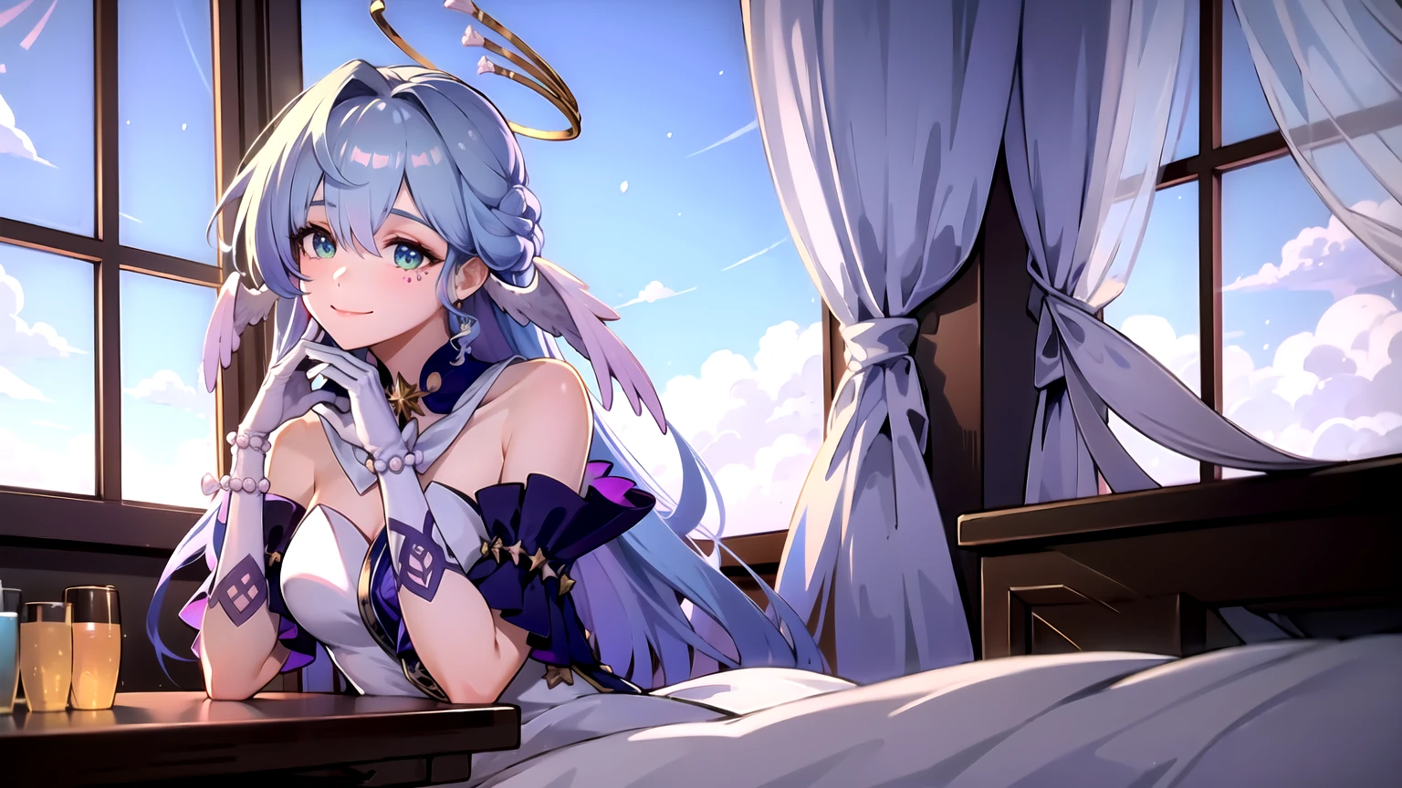 1girl, robin, halo, head wings, white gloves, pearl bracelet, white scarf, sailor collar, sitting on bed, indoor, window, blue sky, smile, closed mouth, upper body,
