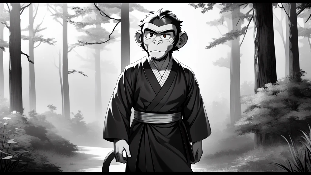 ((Masterpiece, high quality, best graphics, high definition, high definition, 4k)), old photo, vintage photo, 1 Monkey boy, Young, (Solo), (((monkey ears, monkey tail))), ((upper body)), Wooden Katana in right hand, old samurai suit, old samurai pants, (ribbon on waist), wooden sandals, looking away, standing, (((monochrome, grayscale, pencil style, old movie style, noise, VHS movie, anime style))), (forest background, trees, tree shadow, grass, (((Saru to kani no Gassen anime 1917 style))).