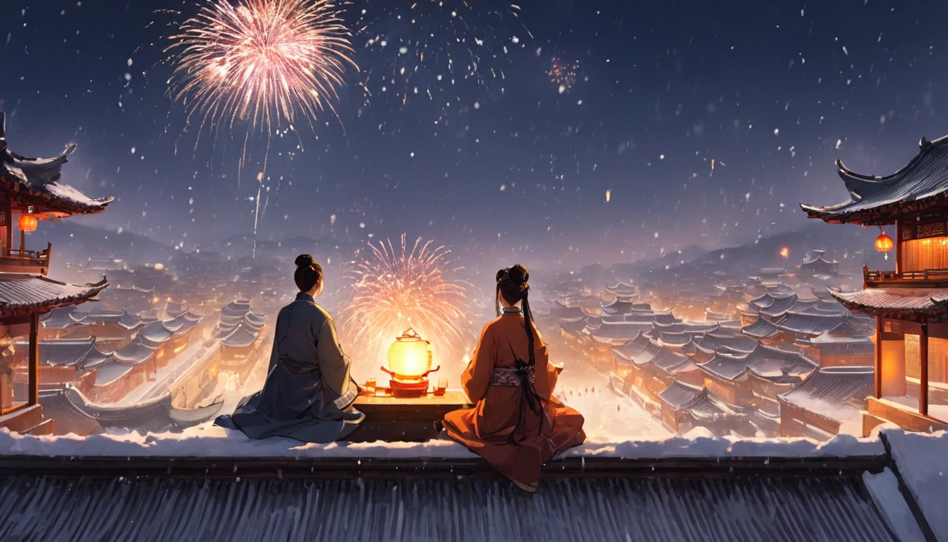 Ancient china city, lantern festival night, firework in the sky, roofs looming in snow, snow falling, one man and one woman in ancient custom called Hanfu sitting on the roof watching fireworks