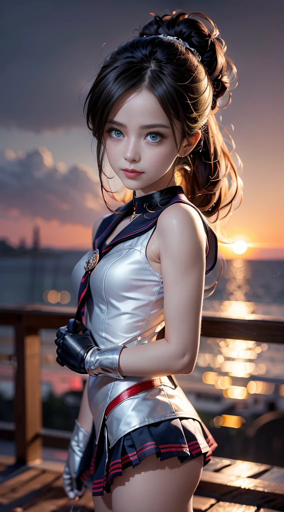 (Extreme detail CG Unity 8K wallpaper, masterpiece, highest quality), (exquisite lighting and shadow, highly dramatic picture, cinematic lens effect), (Sailor Moon: 1.1), charming smile, double tail, blue eyes, black hair, tight top, RED gloves, mini skirt, dynamic pose), the background is the universe (excellent detail, excellent lighting, wide angle), (excellent rendering, enough to stand out in its class),all,whole body,whole