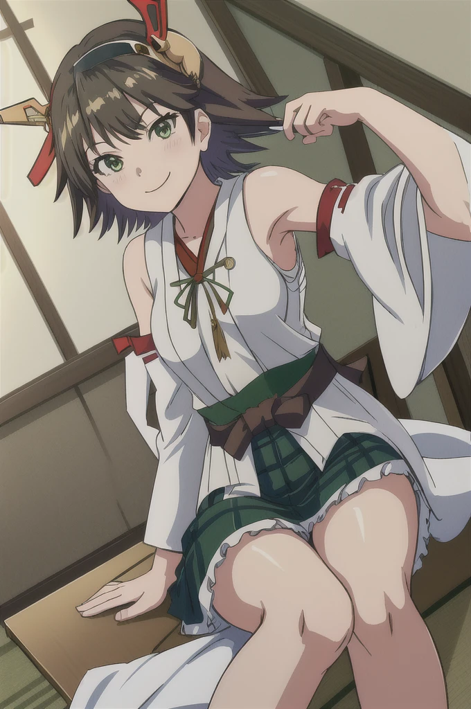 Highest quality, masterpiece, High resolution, alone, (Hiei Kai-2_Fleet Collection:1.15), オレンジ色hair, hairband, headgear, Non-traditional_Shrine maiden, smile, green_eye, Inverted up_hair, smile, One Girl, dependent_sleeve, green_skirt, Plaid, Plaid_skirt, ribbon-trimmed_sleeve, ribbon_trim, skirt, (indoor, office, living room),