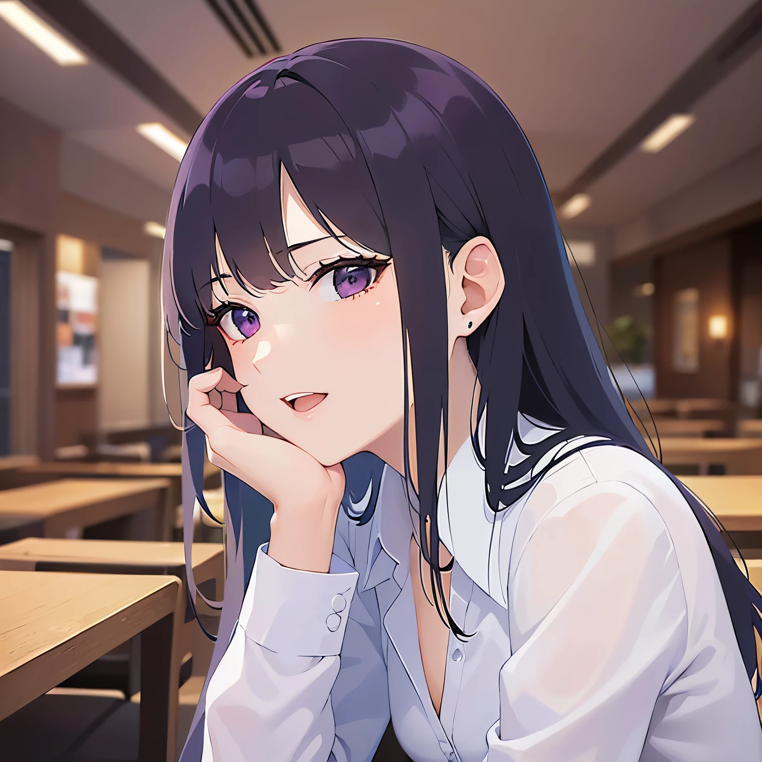 hand on own face, side angle, looking up, Upper Body, Realistic, real person, (pale skin: 1.2), RAW photo, photorealistic, shiny skin, shiny hair、(A 25-year-old woman with straight hair and bangs) and (medium hair) and (black hair) and (purple eyes) , (business suit:1.5) and (white collared shirt)、(sleepy:1.5), smile, open mouth, The background is the interior of a restaurant at night.、Alone、Are standing