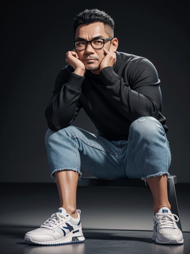 Realistic 4D caricature with a big head of an Indonesian man aged 40yo,thin body, wearing a sweater, jeans, sneakers, sitting with his hand on his chin, black and silver gradient background,Pixar style,3D rendering